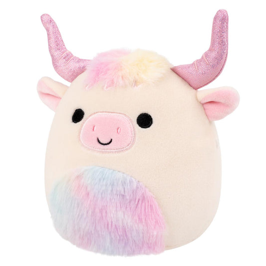 5-Inch Dagnus the Tan Highland Cow with Rainbow Tie-Dye Belly
