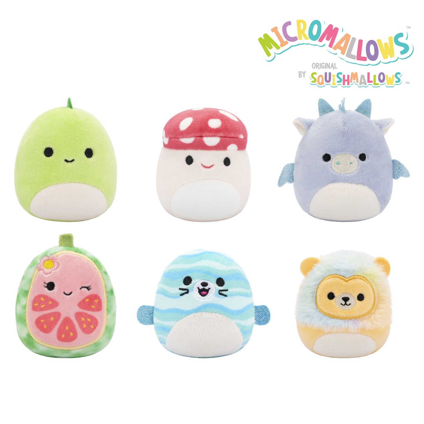 Micromallows 6-Pack – Danny Dinosaur, Dane Dragon, Malcolm Mushroom, Lena Guava Fruit, Leonard Lion, Noah Seal